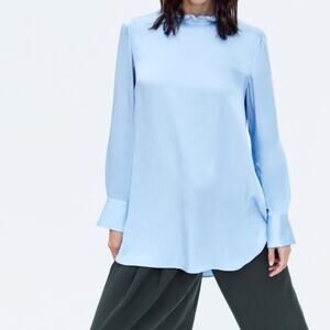 🍁 NWT Zara Satin High Low High Ruffle Collar Tunic Blouse Back Button Closure Sm